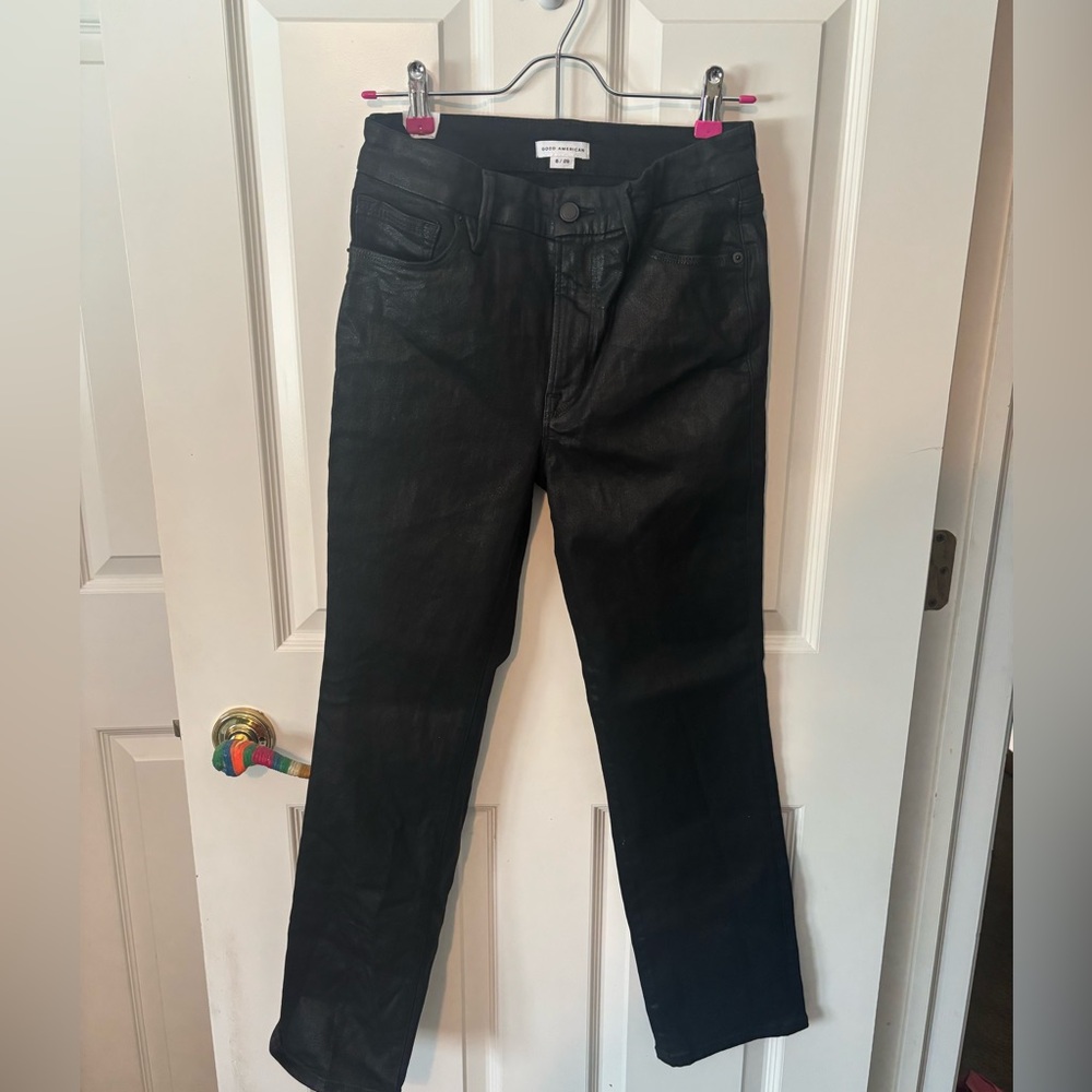 Good American shiny black good legs straight pants